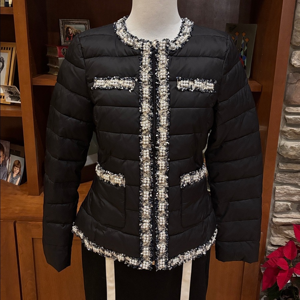White House Black Market Black Embellished Puffer Jacket Size Small Pearl Puffer